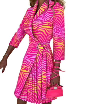 Deep V-Neck Belted Print Dress