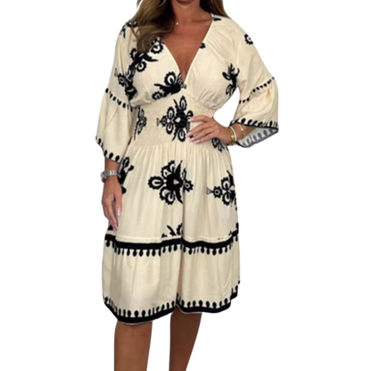 Deep V-Neck Belted Print Dress