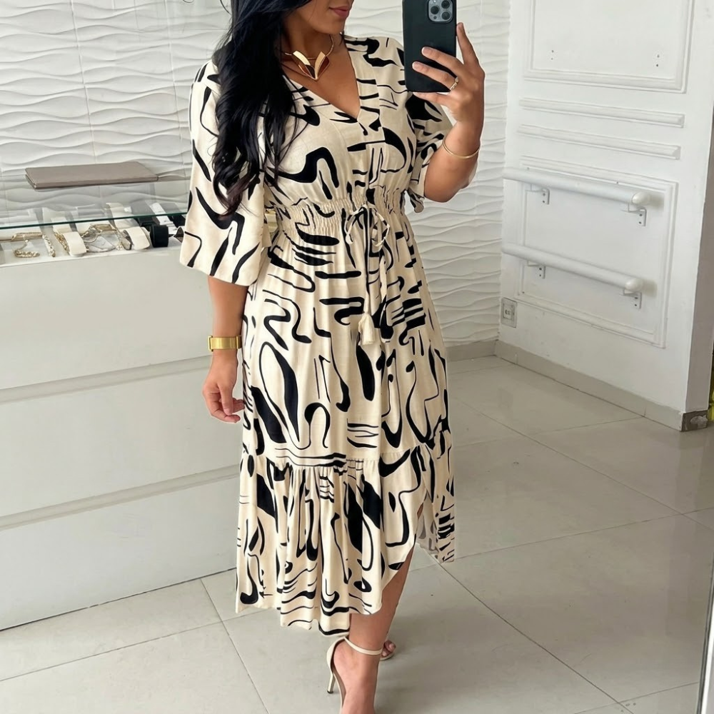 Deep V-Neck Belted Print Dress