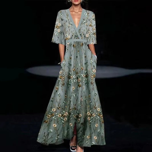 Deep V-Neck Belted Print Dress