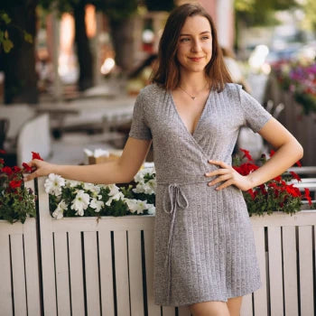 Deep V-Neck Belted Print Dress