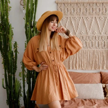 Deep V-Neck Belted Print Dress